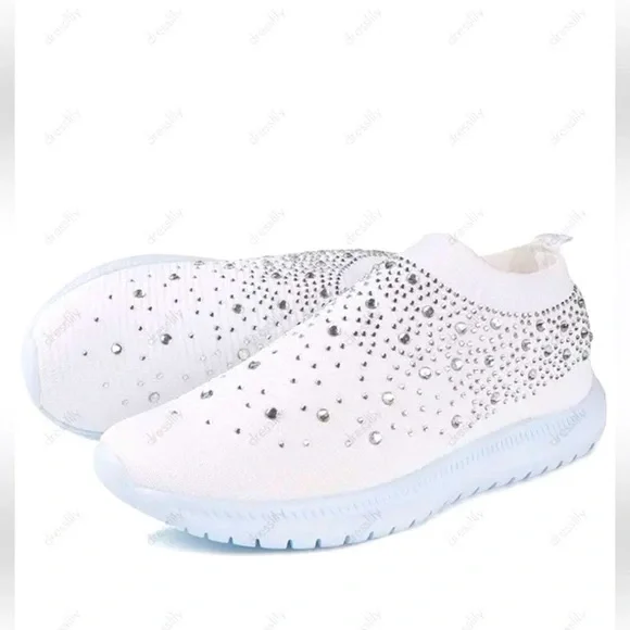 FASHION REHINESTONED FLAT PLATFORM SLIP ON KNITTED CASUAL OUT DOOR WHITE SNEAKER - Picture 2 of 8